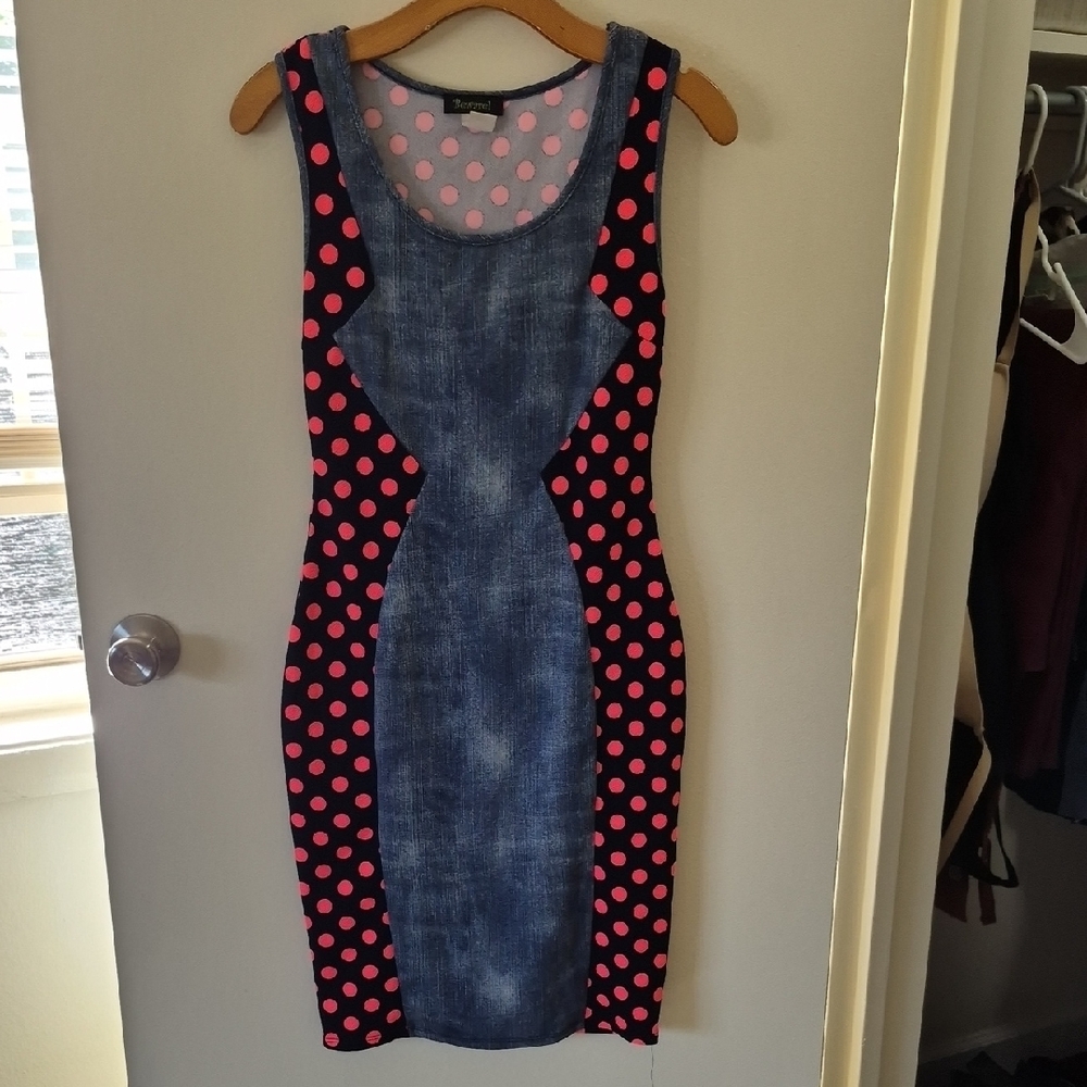 Denim and Pink Polka Dot Mini Dress